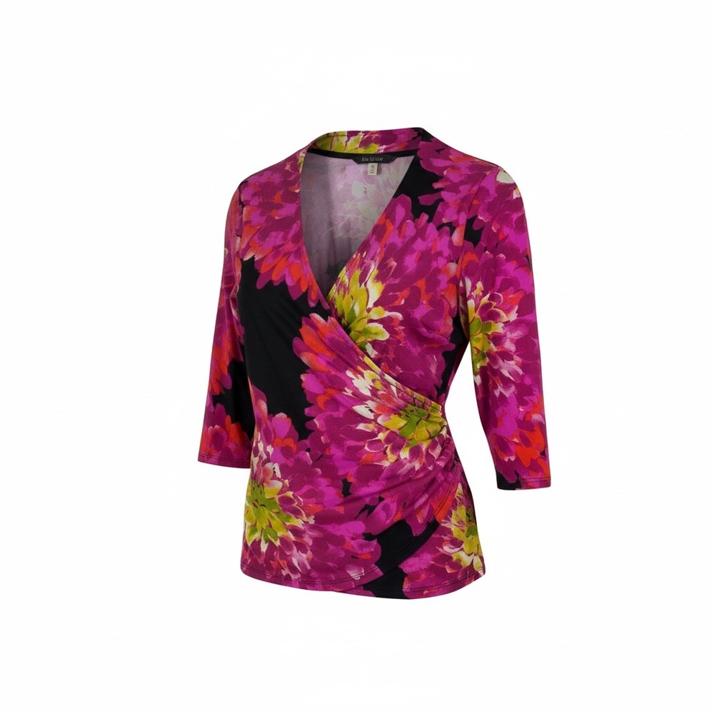 Madison Women’s Black Pink Floral Long Sleeve V-Neck Nylon Blouse Top Size XL